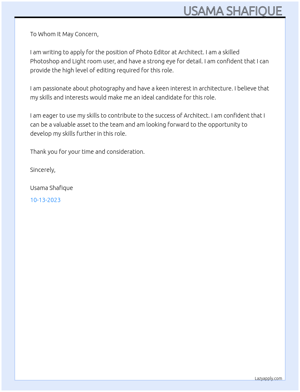 Photo editor At Architect Cover Letter