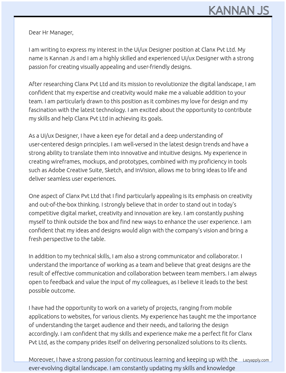 Ui/ux designer At Clanx Pvt Ltd Cover Letter