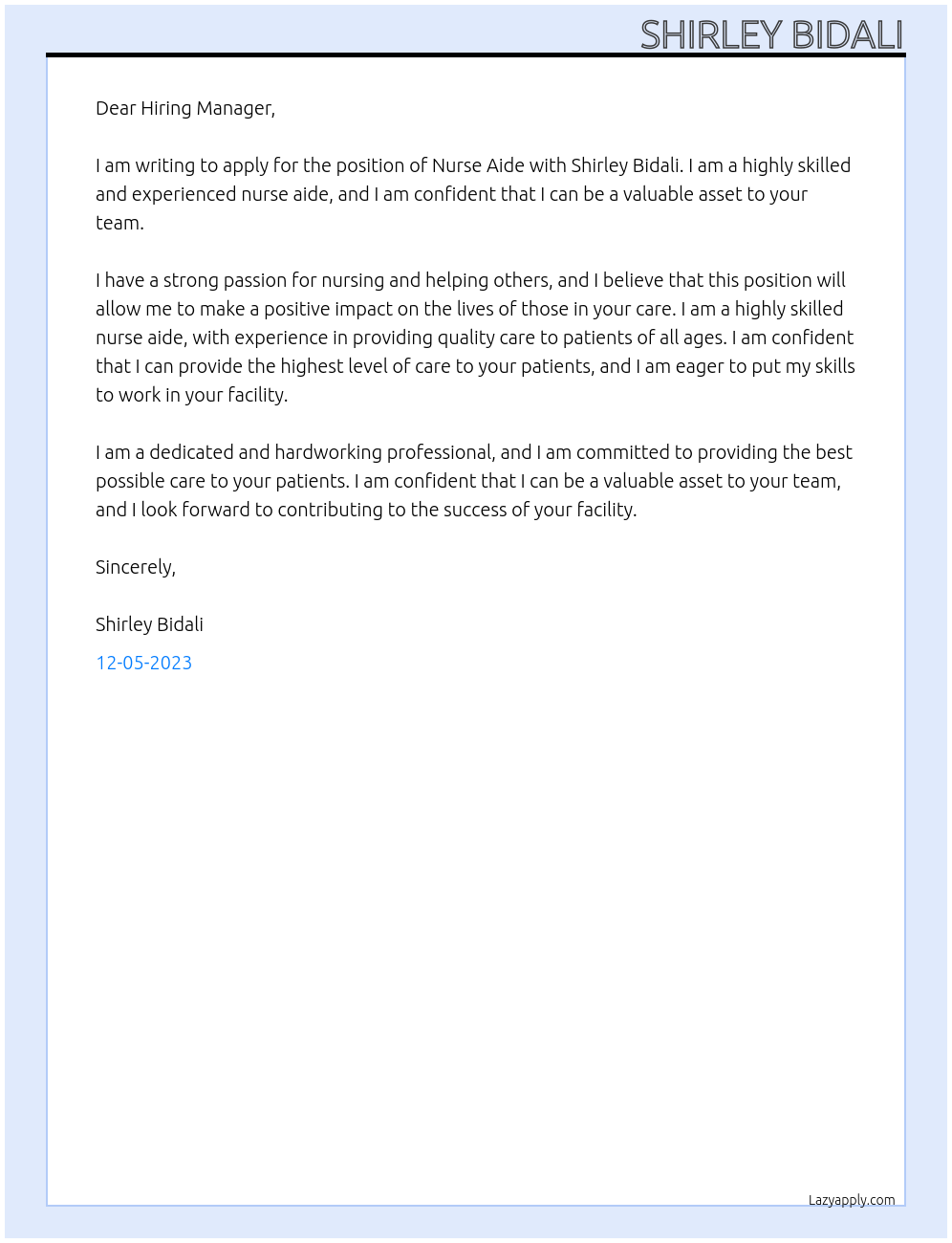 Nurse aide At Shirley Bidali Cover Letter