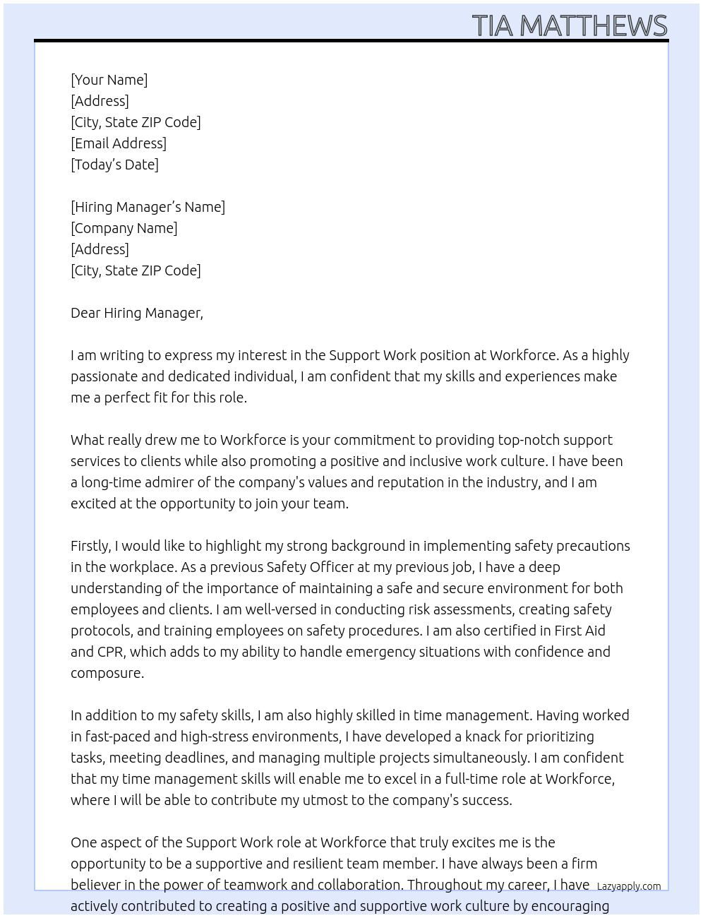 Support work At Workforce Cover Letter