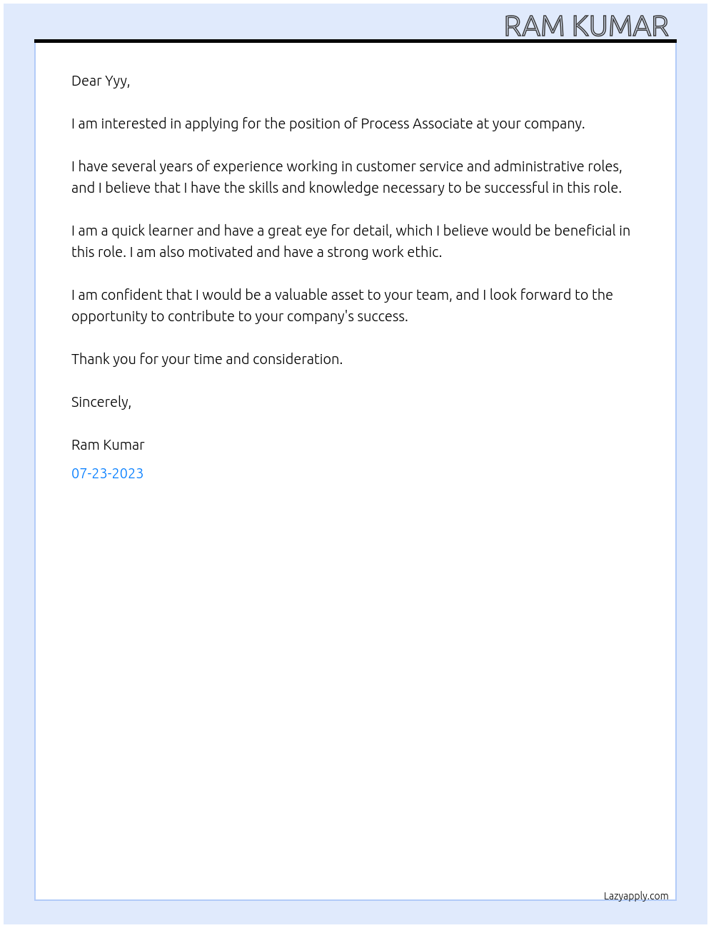 Process Associate At Yyy Cover Letter