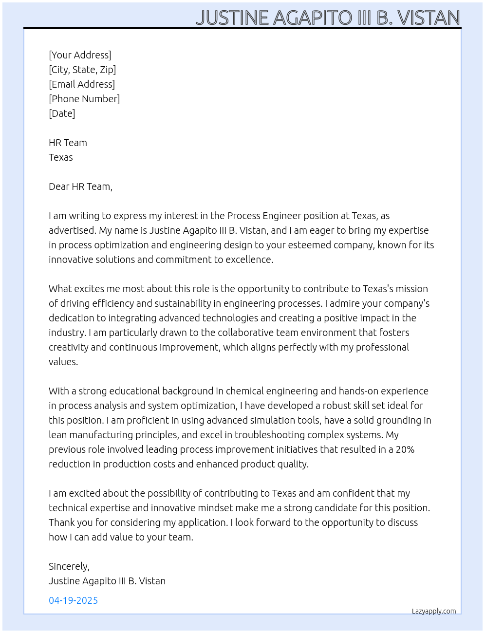 Process Engineer At Texas Cover Letter