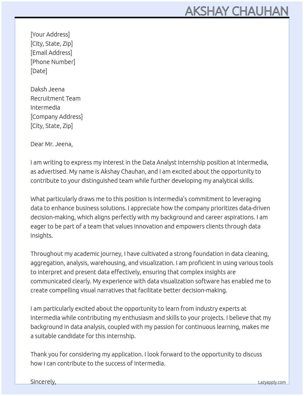 Data analyst Intern At Intermedia Cover Letter