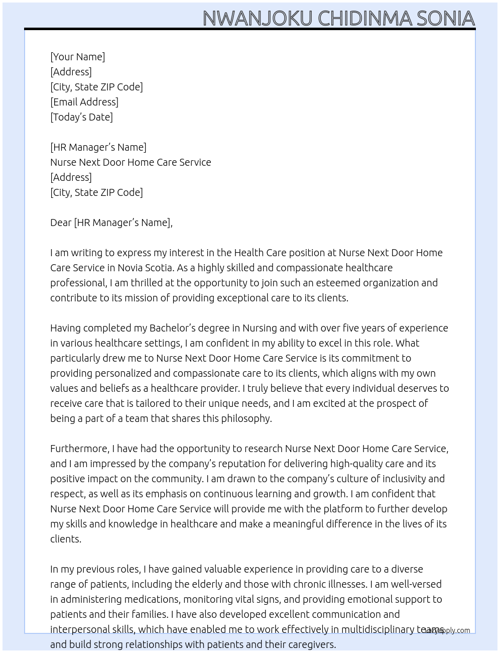 Cover letter for health care - LazyApply