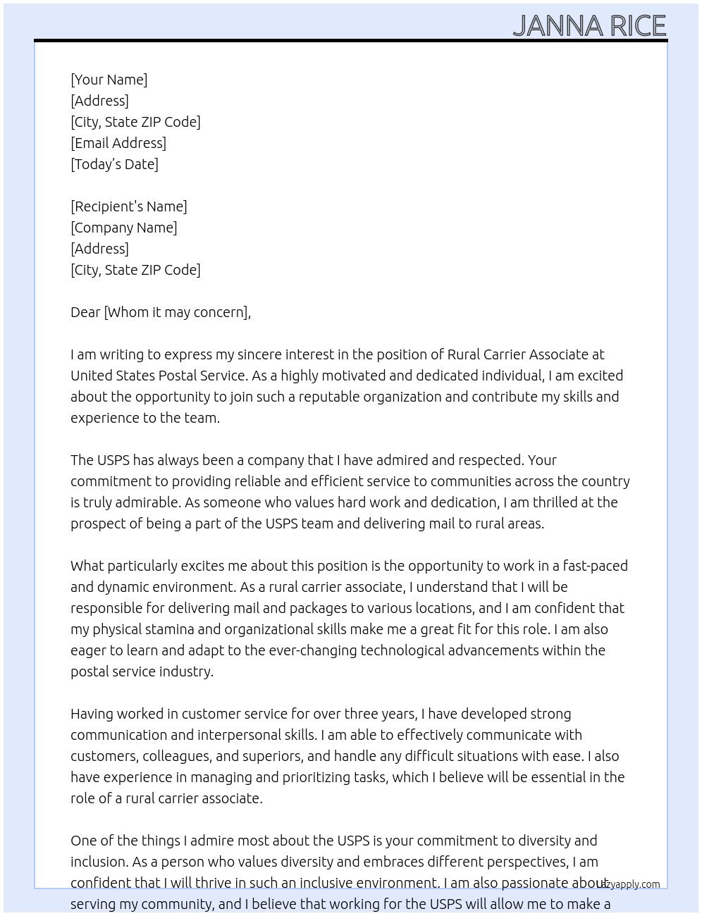 Rural carrier associate At United states postal service Cover Letter