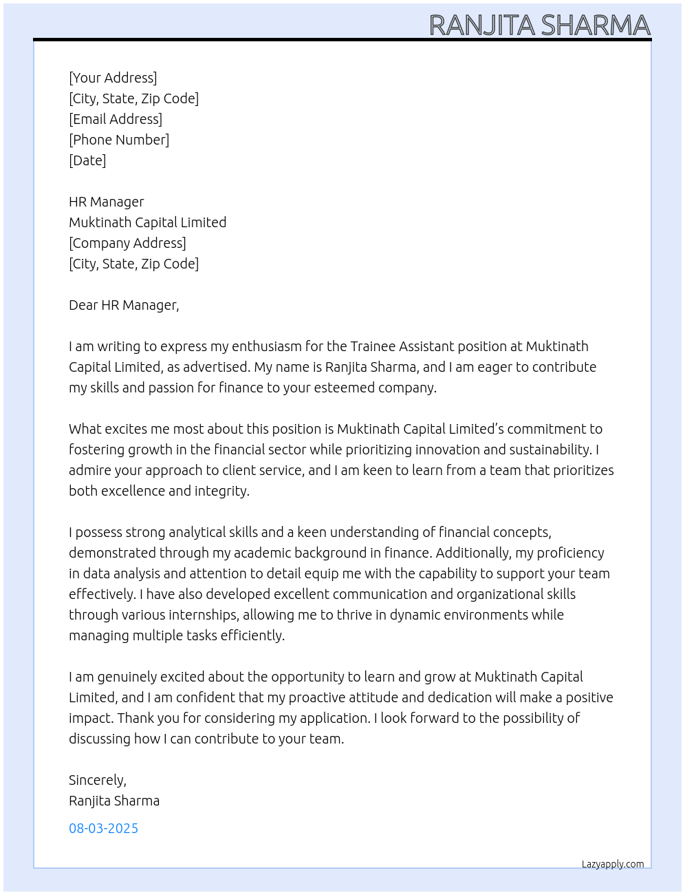 Trainee assistant At Muktinath Capital Limited Cover Letter