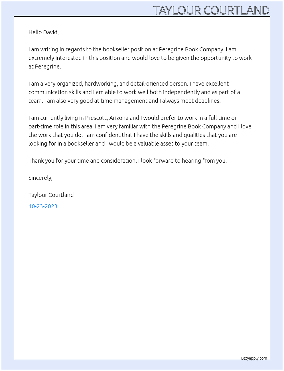 Bookseller At Peregrine Book Company Cover Letter