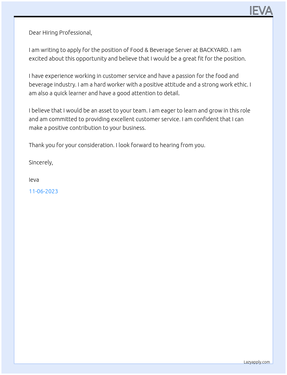 Food & Beverage server At BACKYARD Cover Letter
