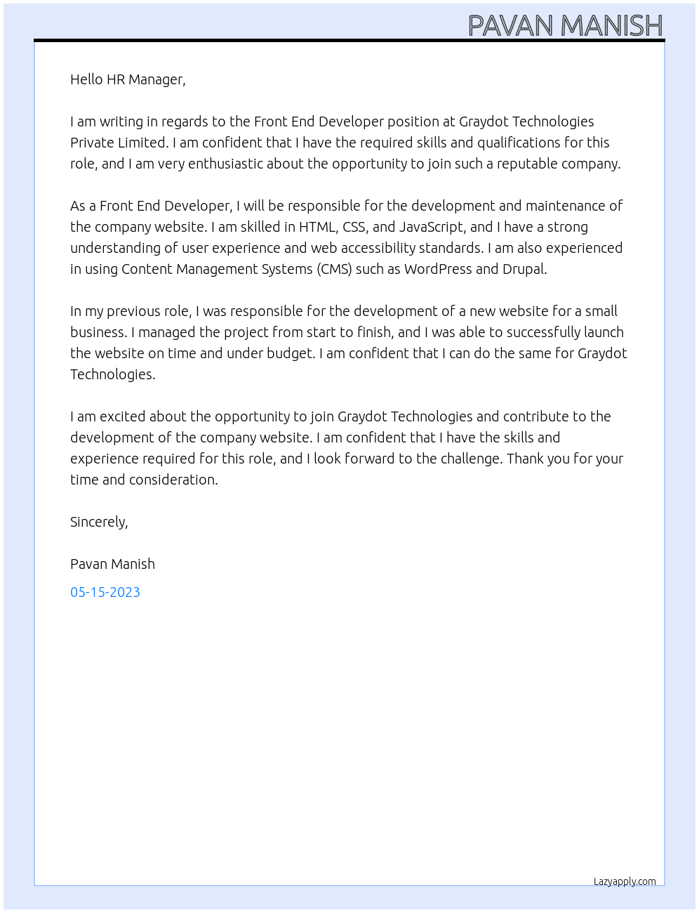 Front End Developer At Graydot Technologies Private Limited Cover Letter