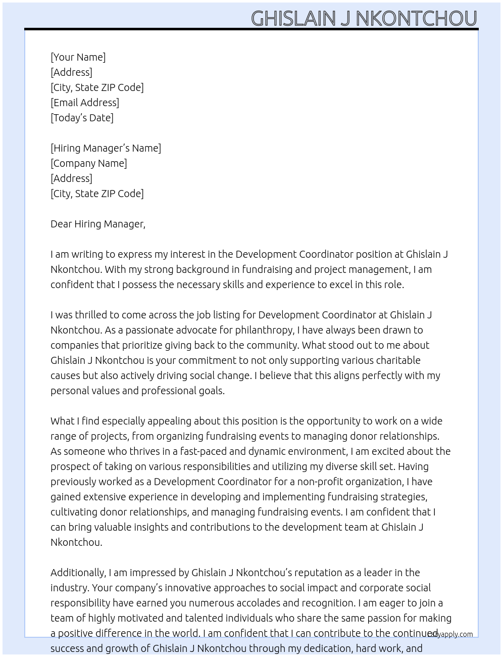 Development Coordinator At Ghislain J Nkontchou Cover Letter