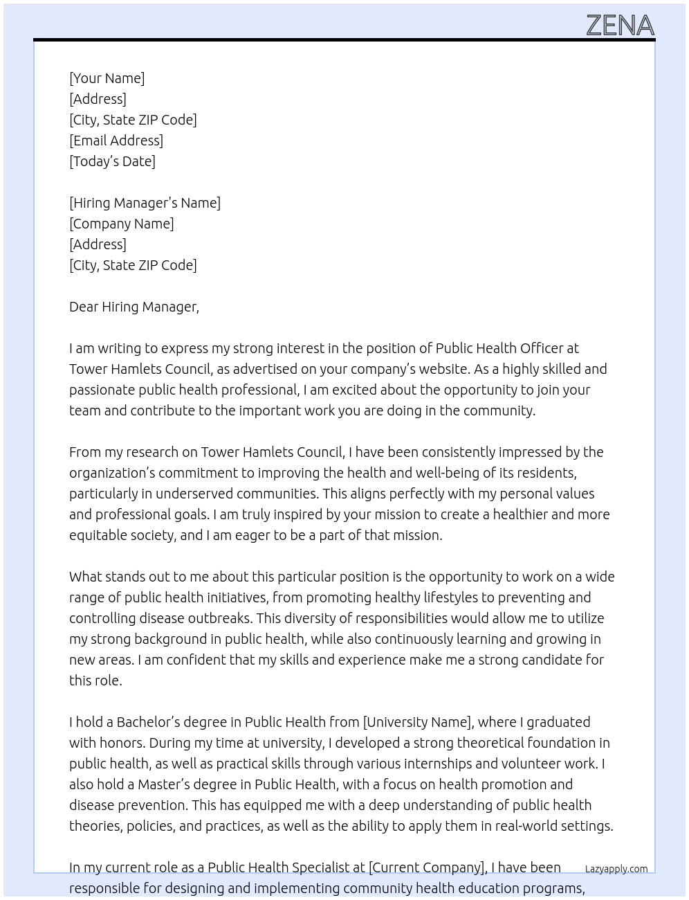 Public Health Officer At Tower Hamlets Council Cover Letter