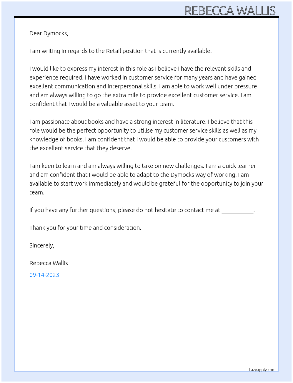 Retail At Dymocks Cover Letter