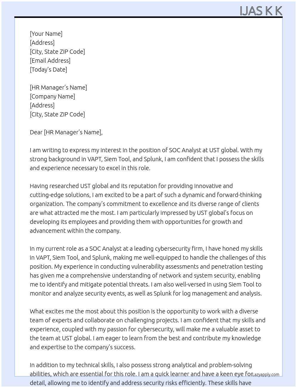 SOC Analyst At UST global Cover Letter