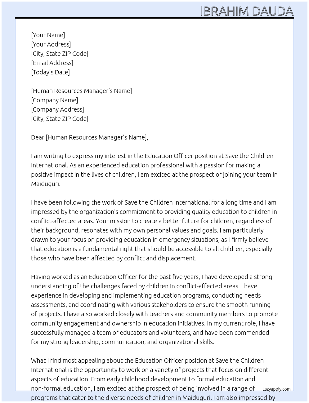 Education officer At Save the children international Cover Letter