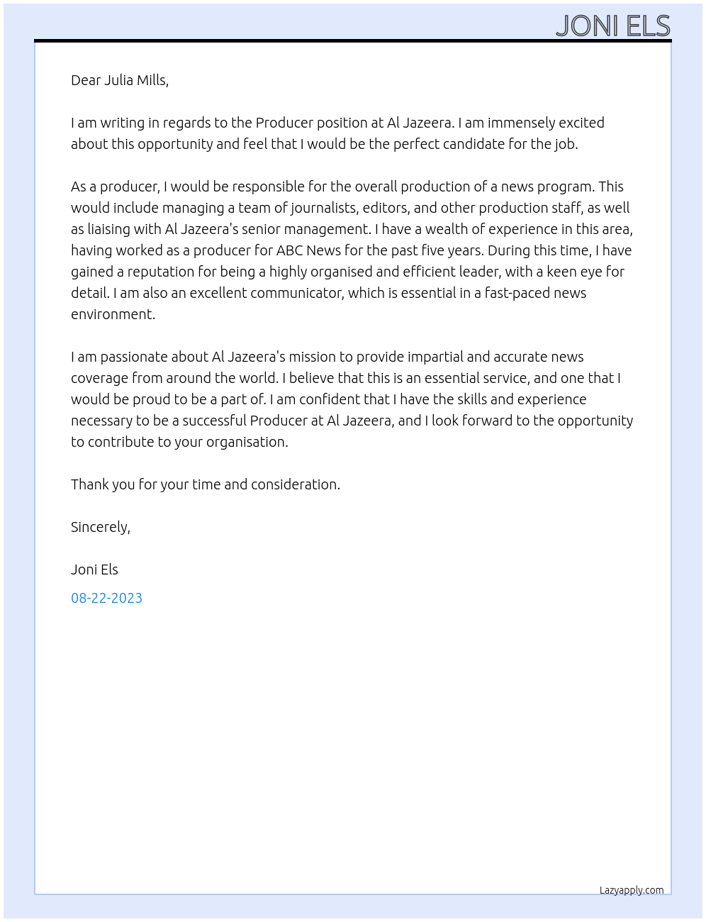 Producer At Al Jazeera Cover Letter