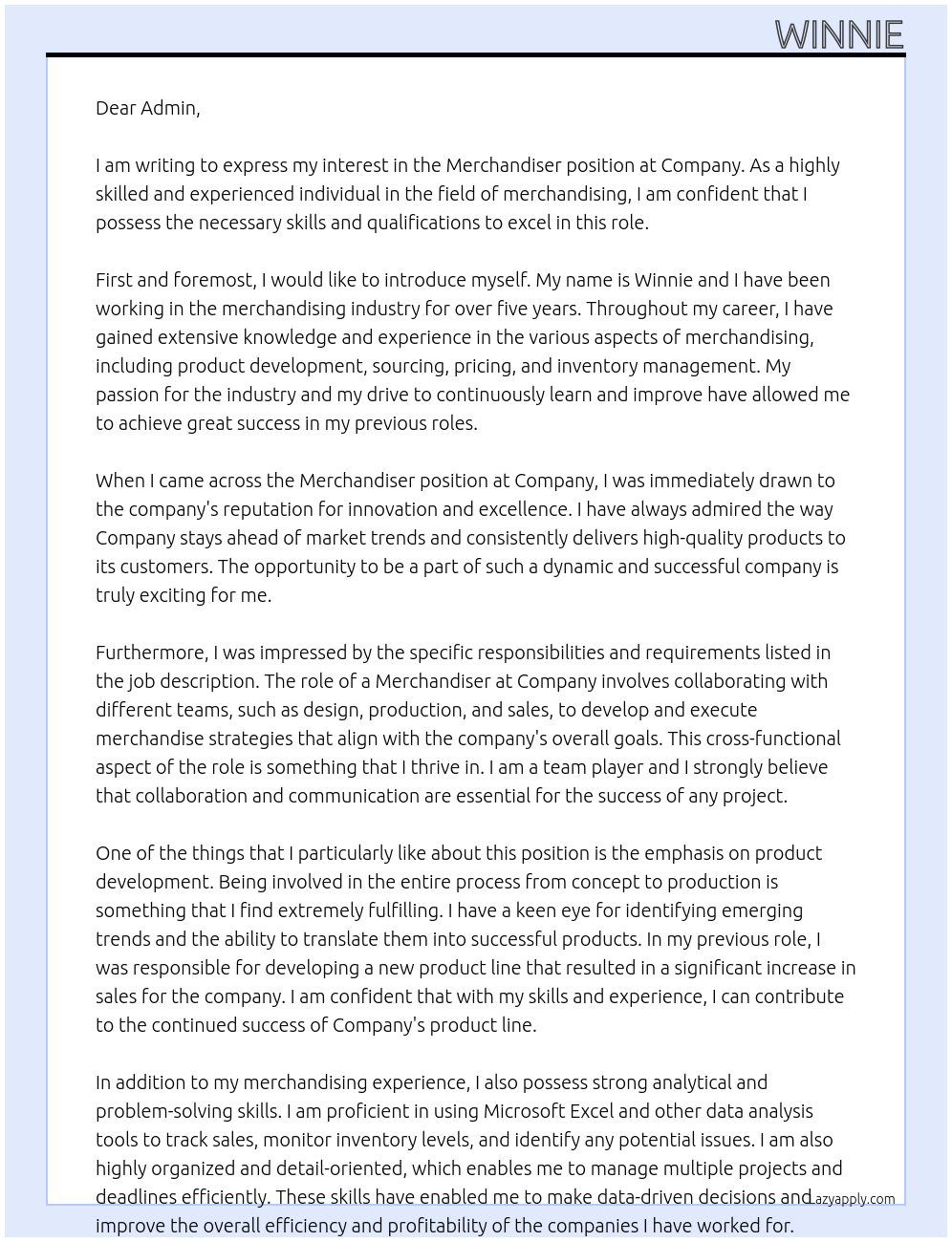 merchandiser At company Cover Letter