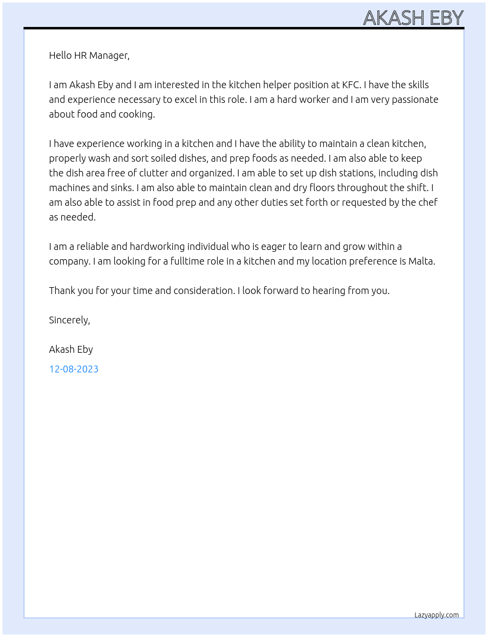 Kitchen Helper At KFC Cover Letter