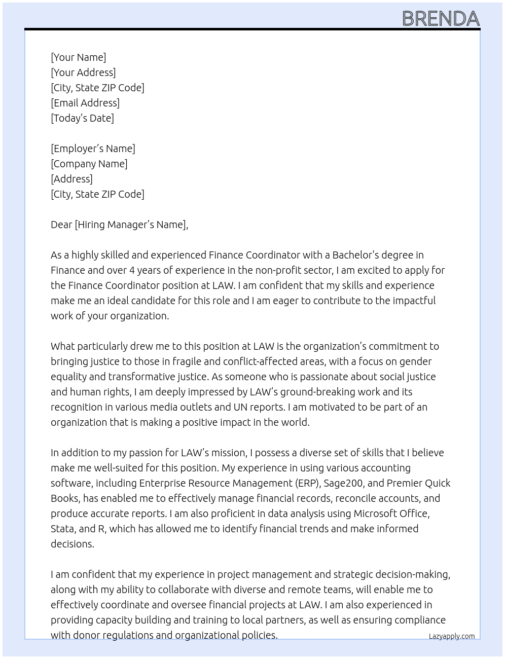 Finance Coordinator At LAW Cover Letter