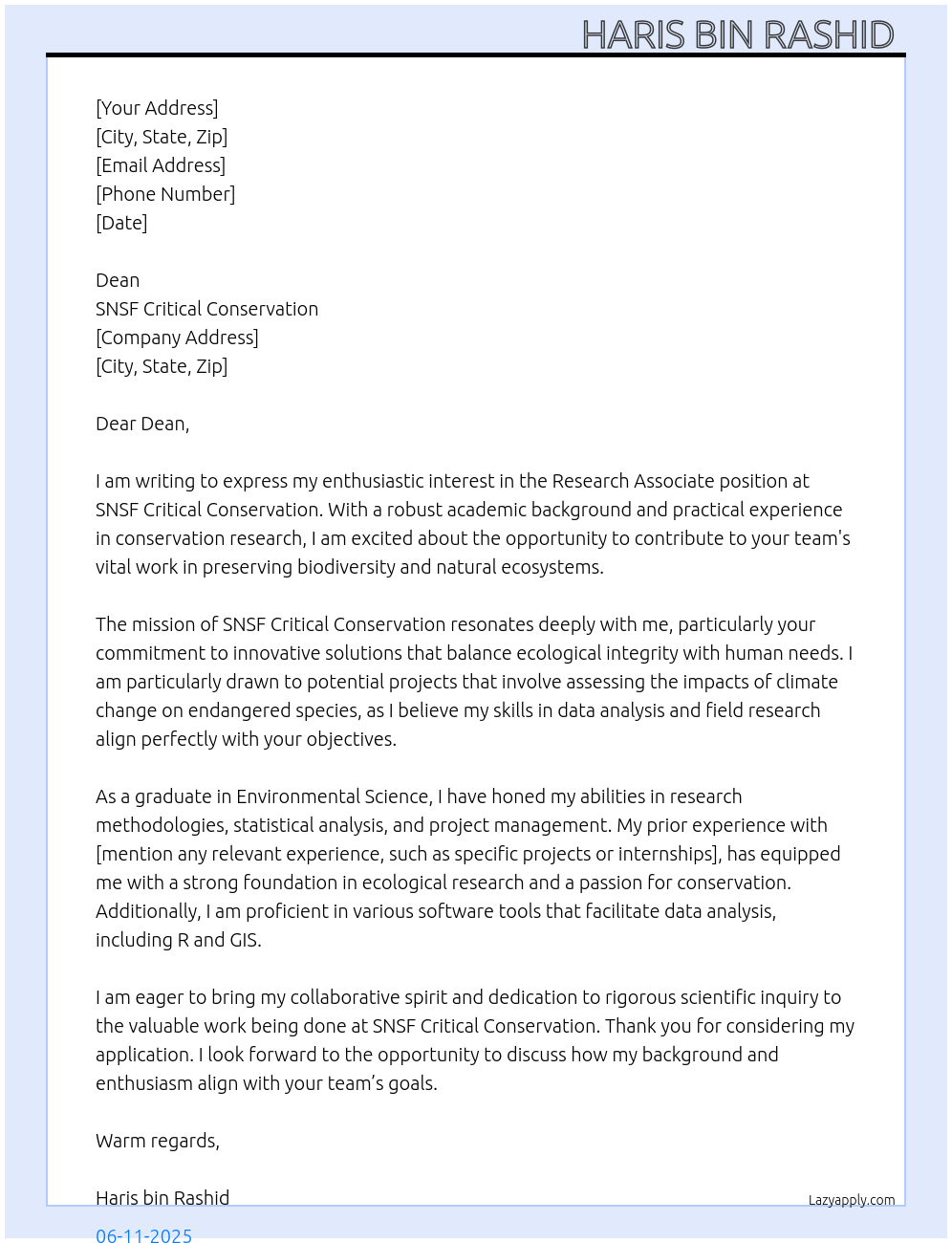 Research associate At SNSF critical conservation Cover Letter