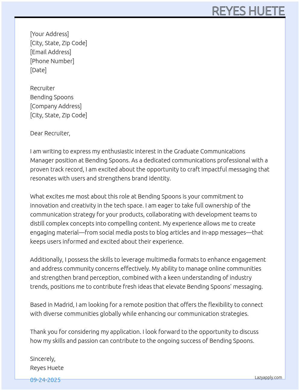 Graduate communications manager At Bending Spoons Cover Letter