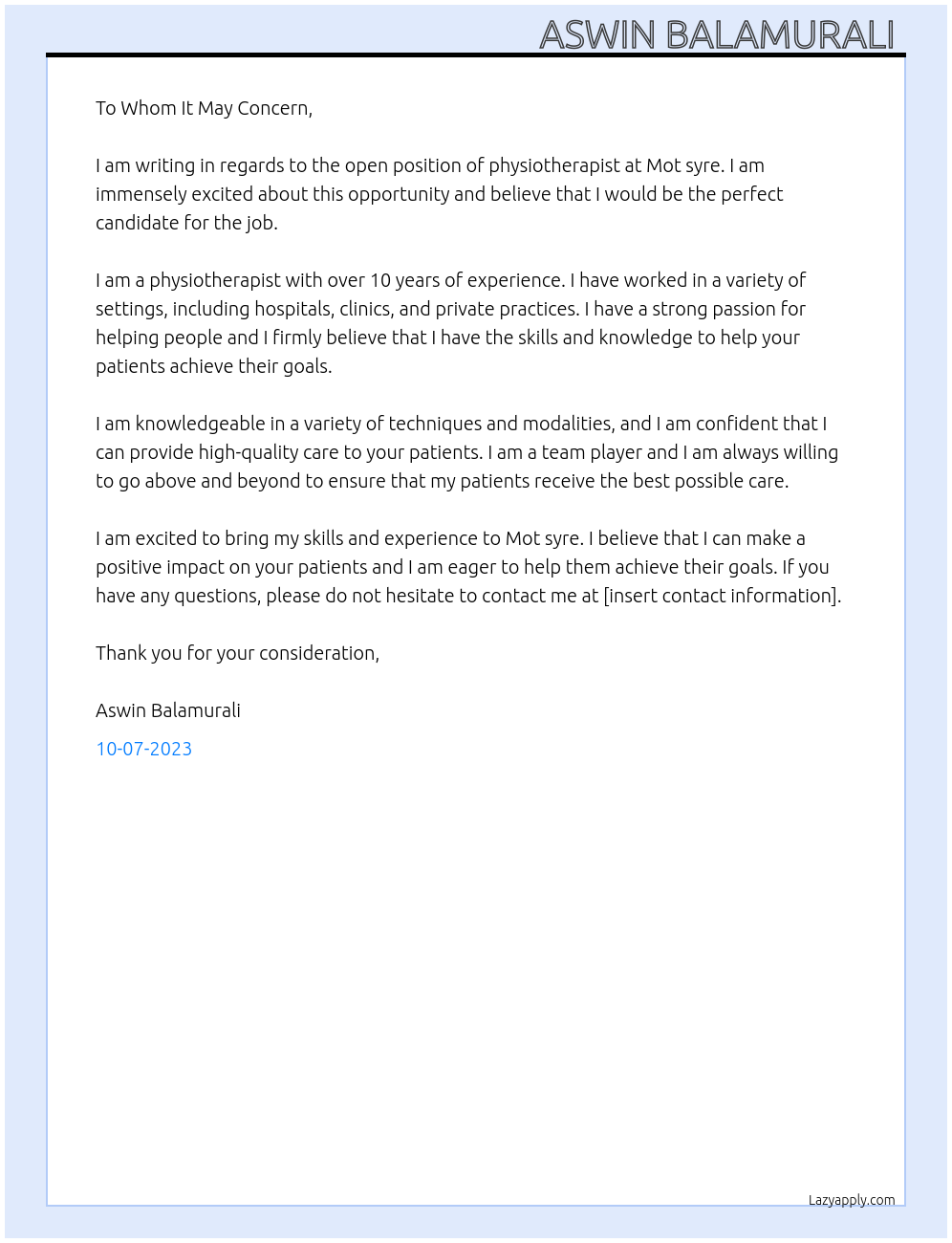 Physiotherapist At Mot syre Cover Letter