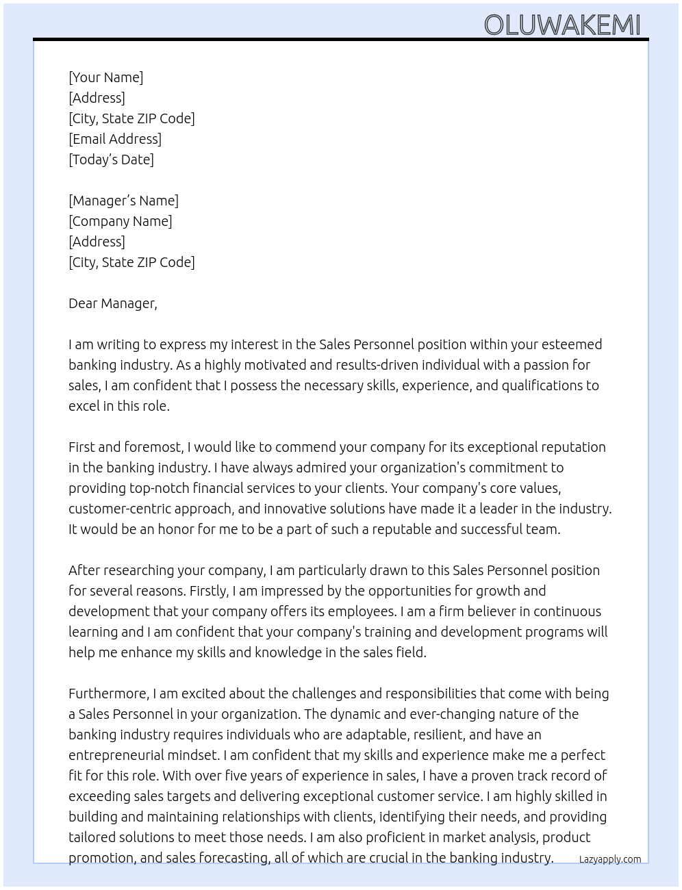 Sales personnel At Banking industry Cover Letter