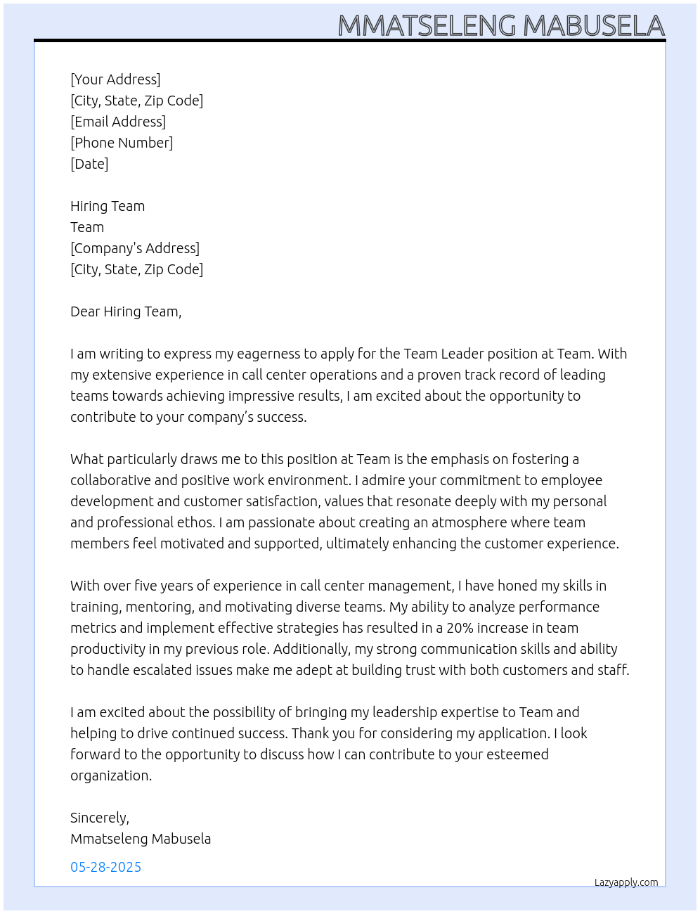 team leader call centre At team Cover Letter