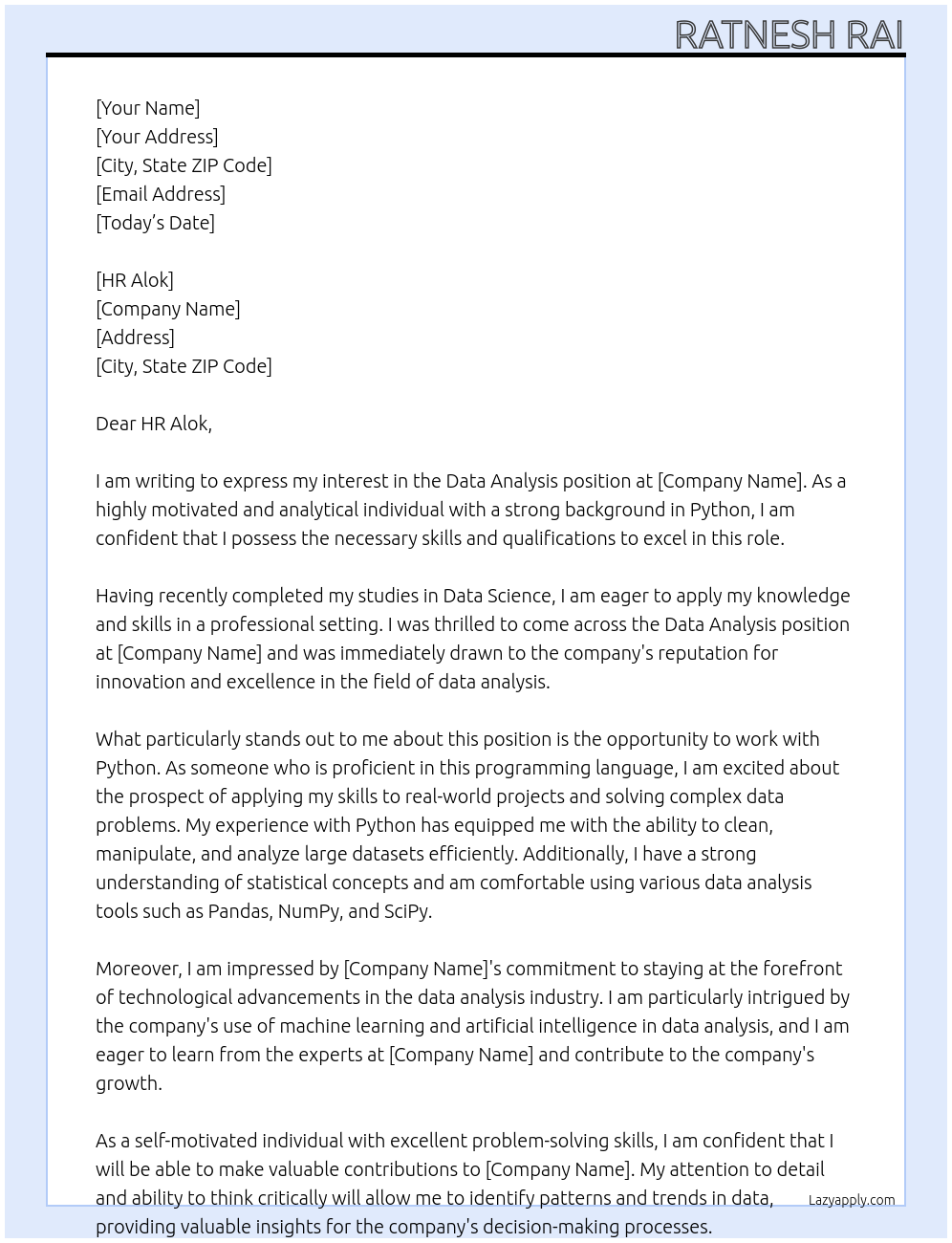 data analysis At e Cover Letter