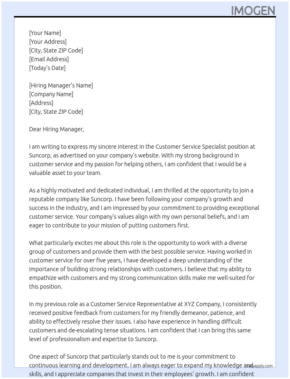 Customer Service Specialist At Suncorp Cover Letter
