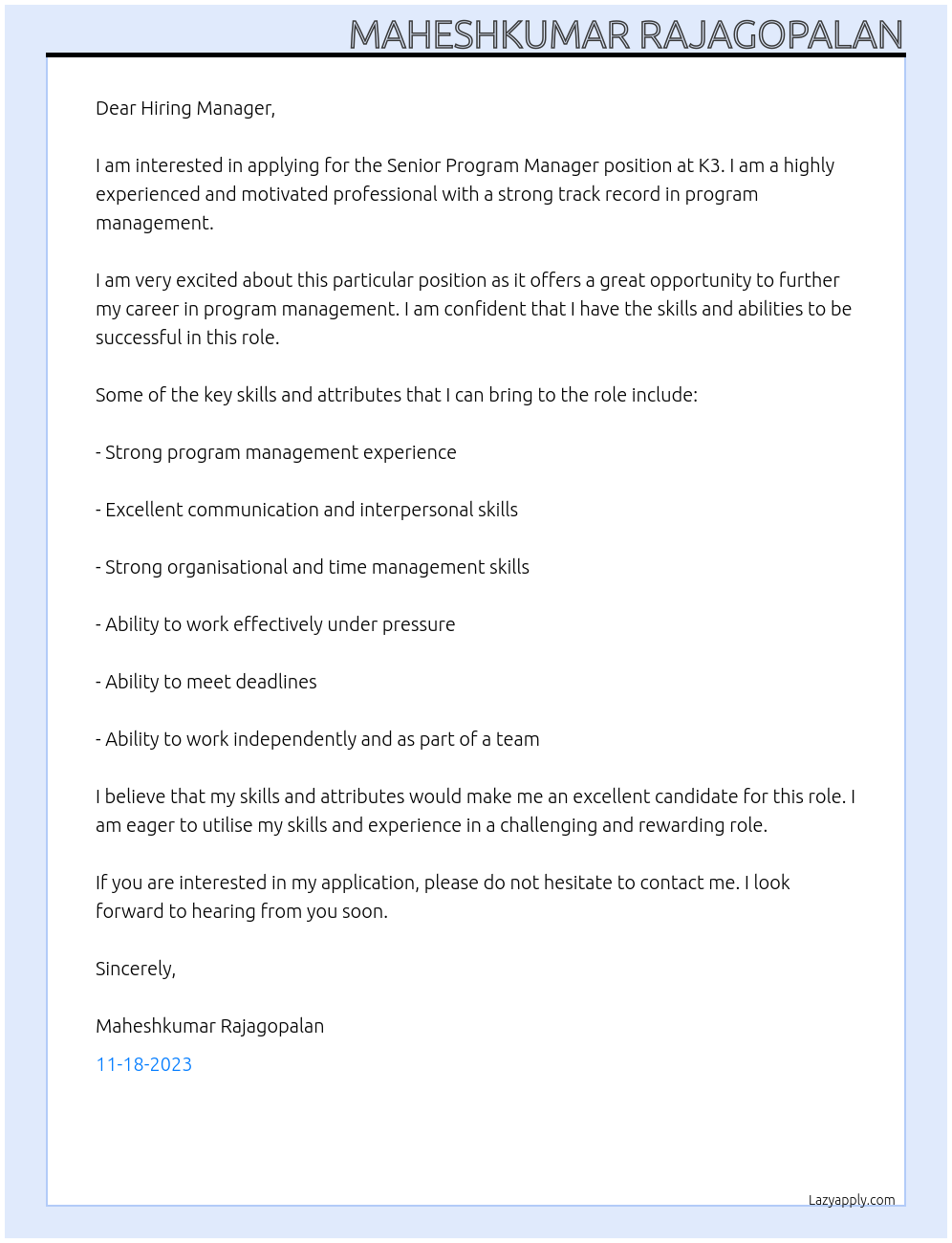 Senior Program Manager At K3 Cover Letter