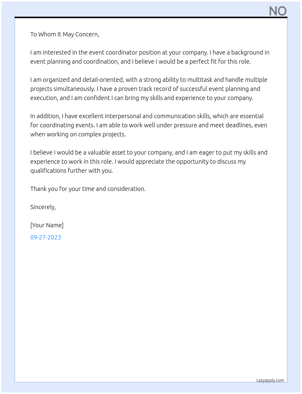 event coordinator At dont know Cover Letter