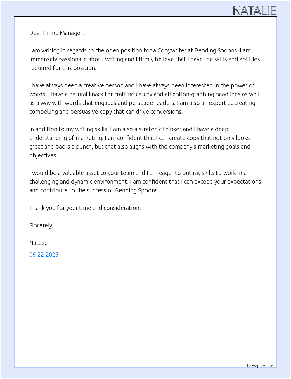Copywriter At Bending Spoons Cover Letter