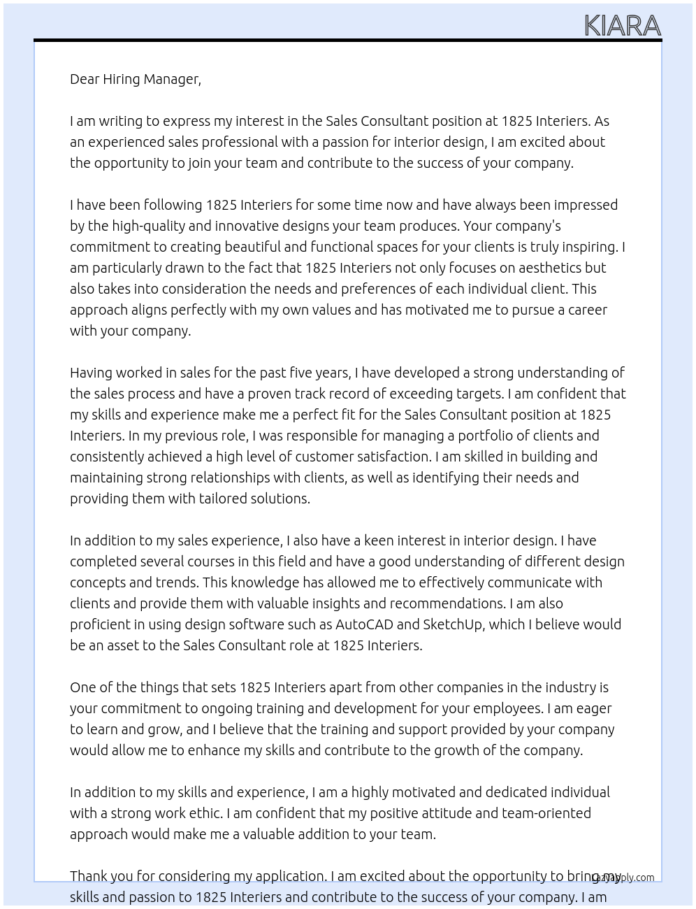 sales consultant At 1825 Interiers Cover Letter