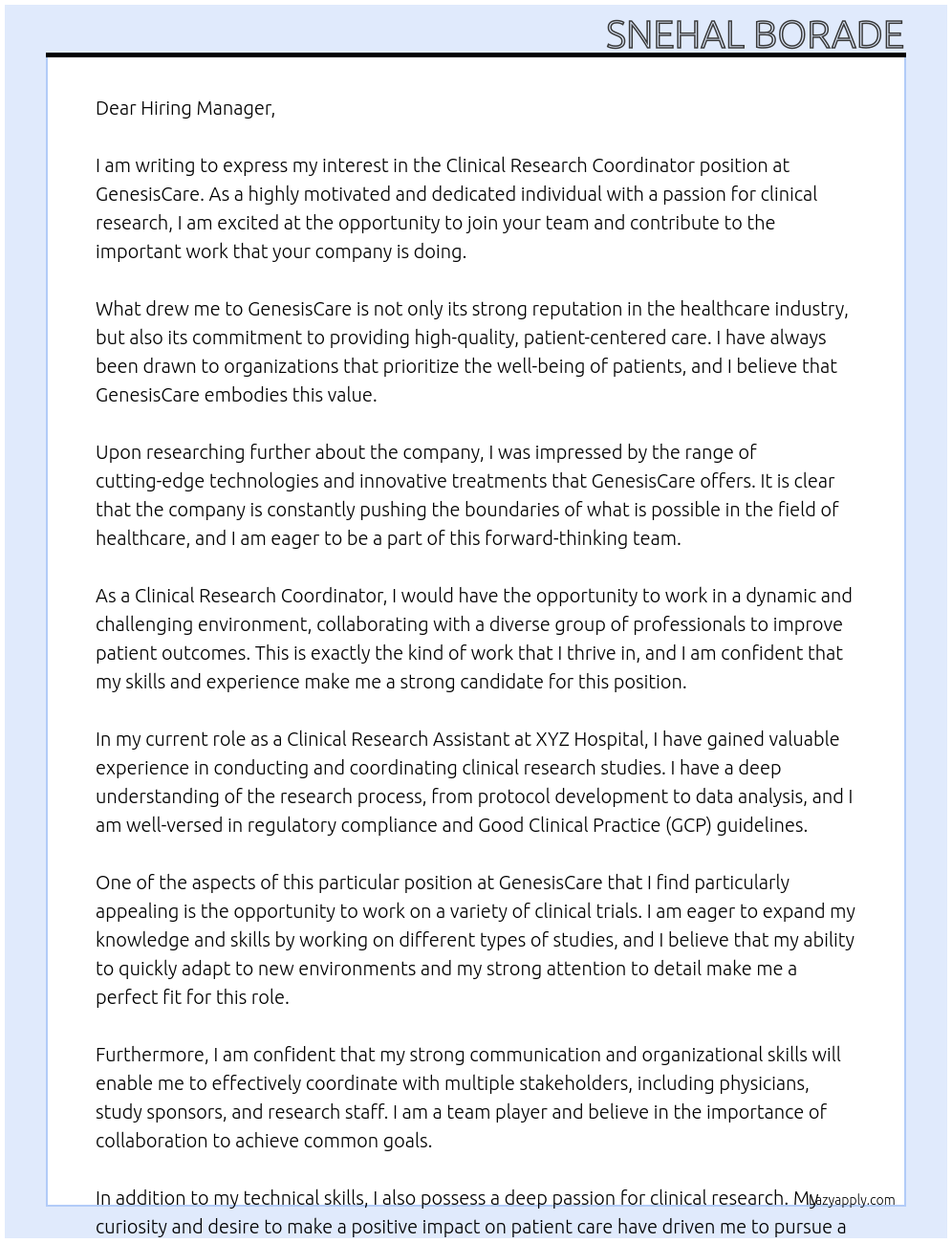 Clinical Research Coordinator At GenesisCare Cover Letter