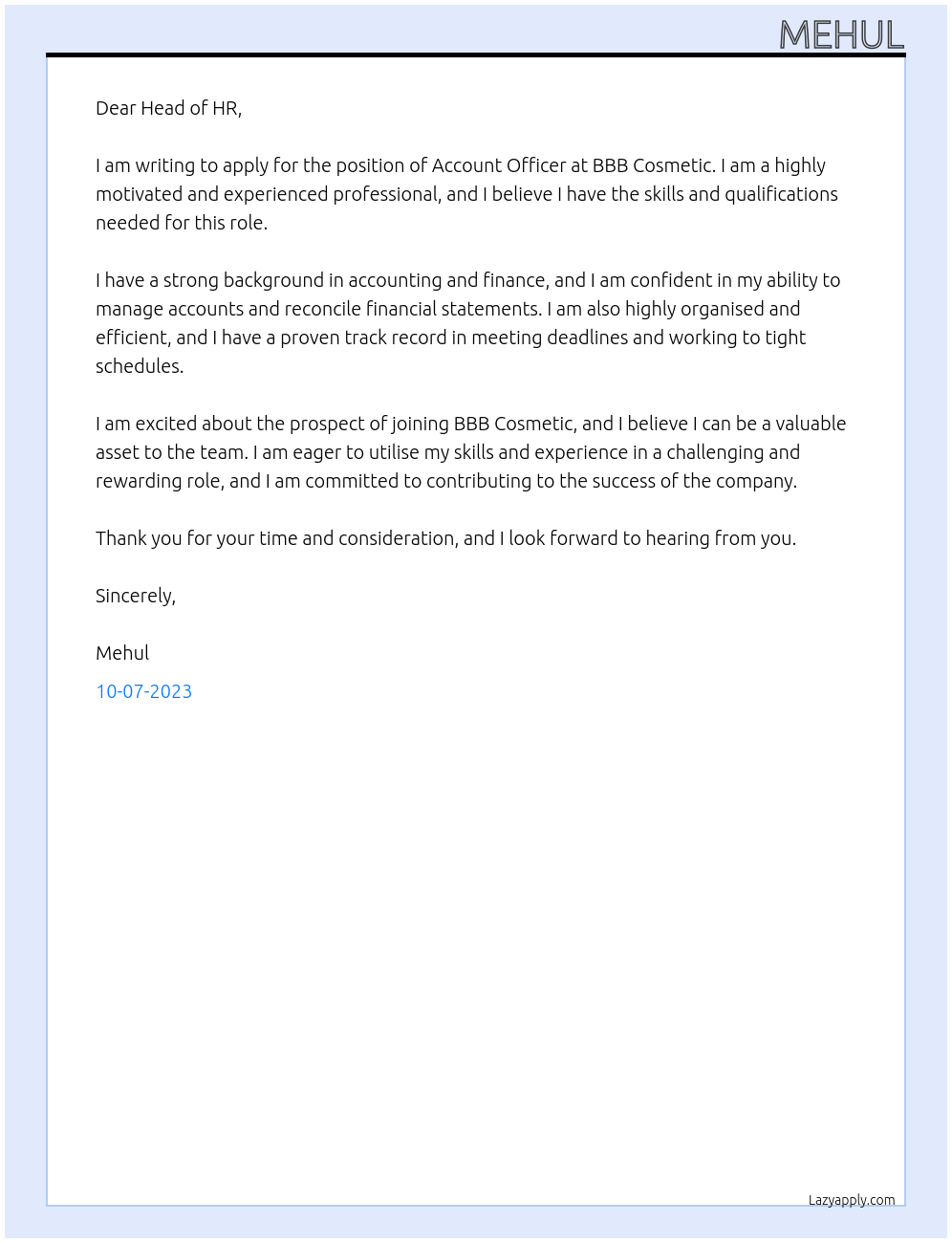 account officer At bbb cosmetic Cover Letter