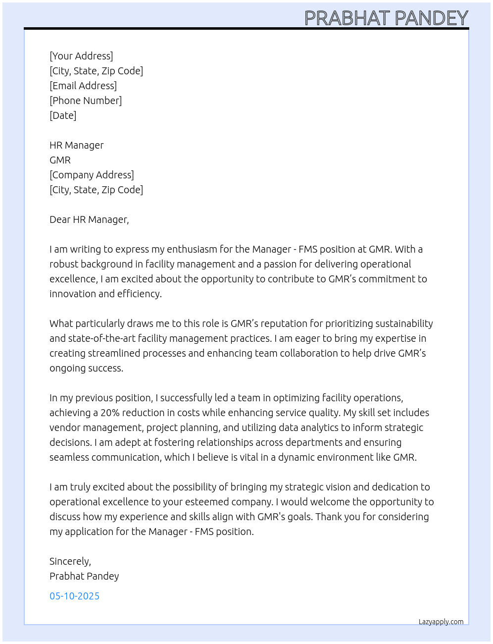 Manager - FMS At GMR Cover Letter