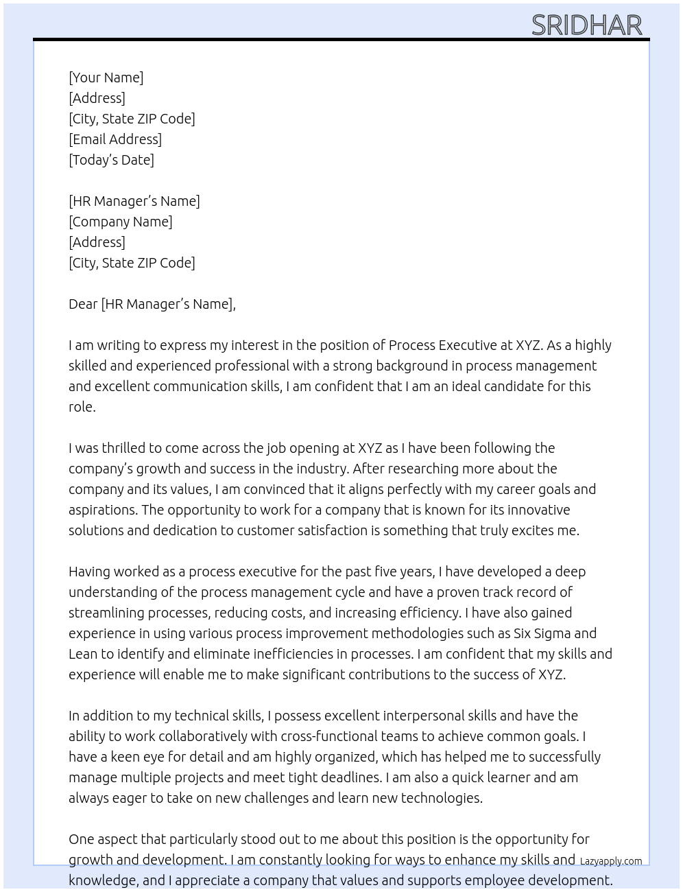 process executive At xyz Cover Letter