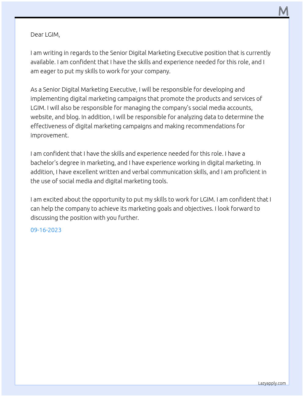 Senior Digital Marketing Executive At LGIM Cover Letter