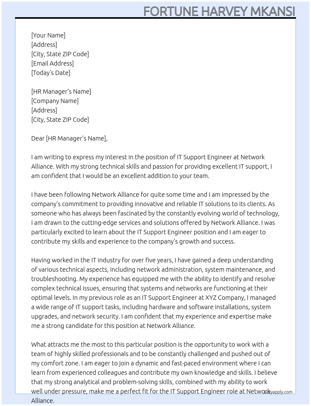IT Support engineer At Network Alliance Cover Letter