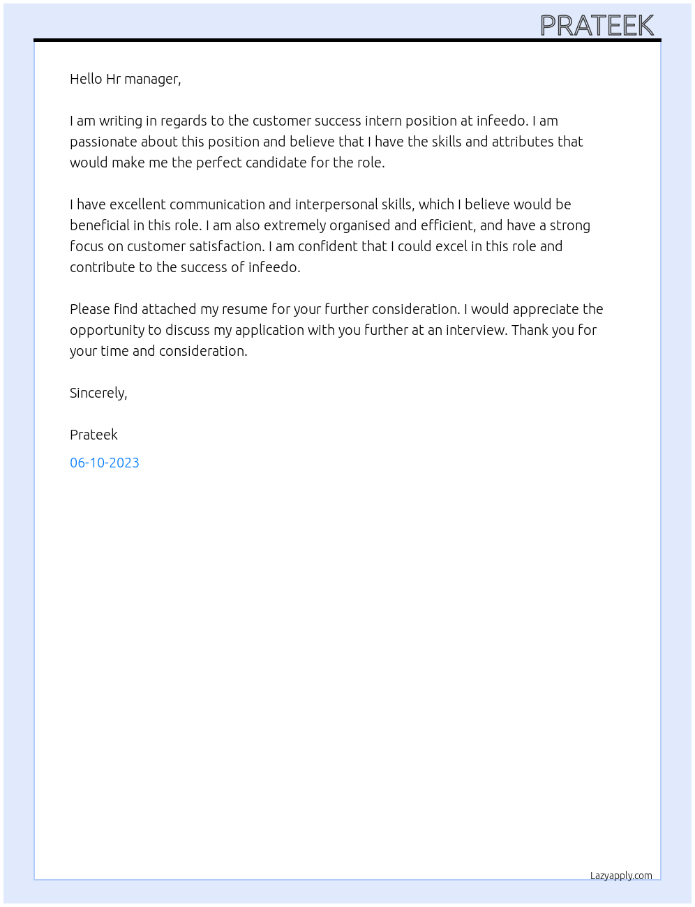 Customer success intern At infeedo Cover Letter