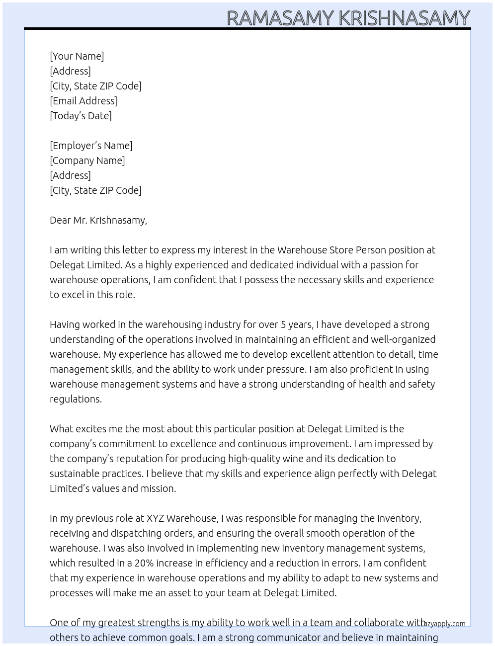 Warehouse store person  At Delegat limited  Cover Letter