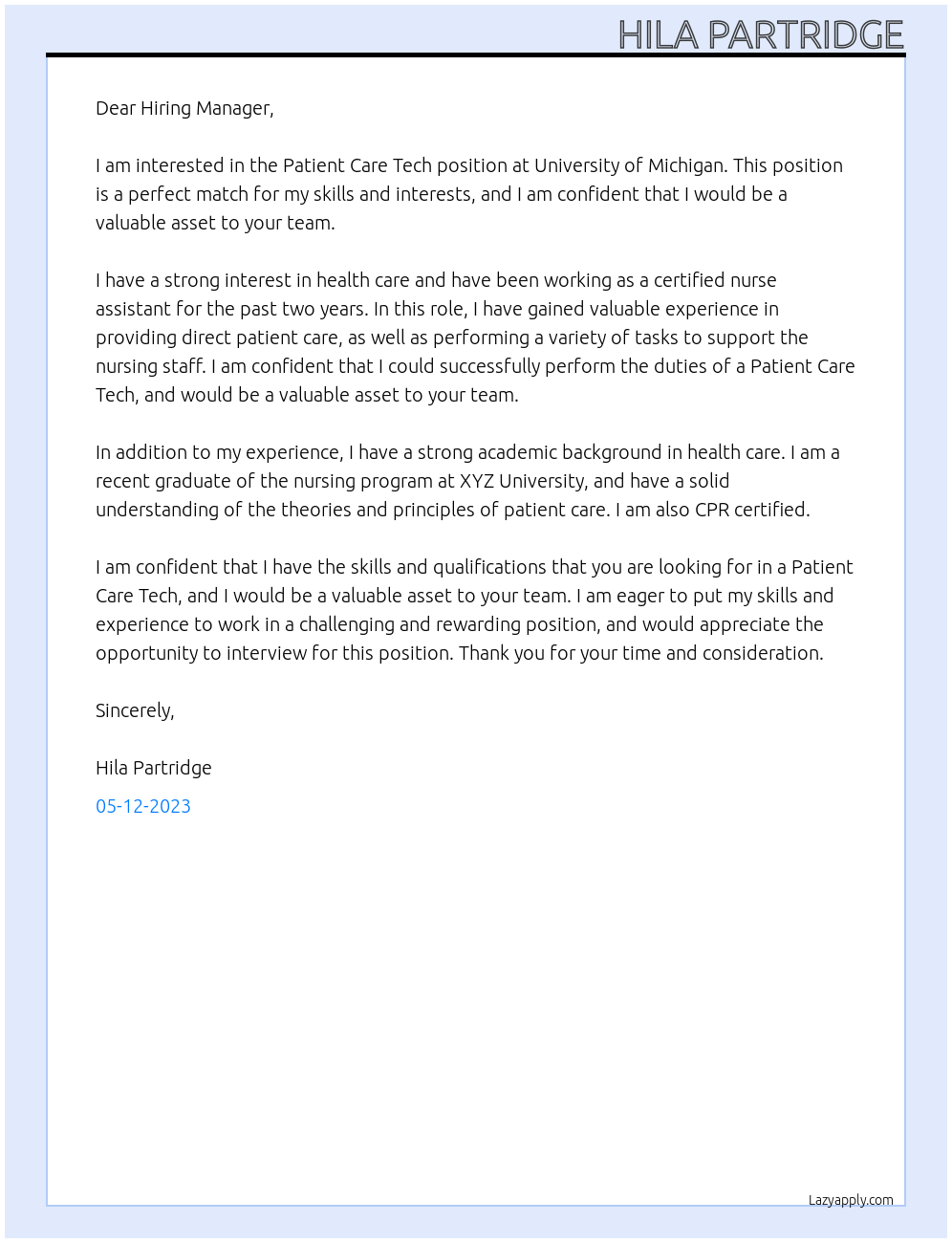 Patient Care Tech At University of Michigan Cover Letter