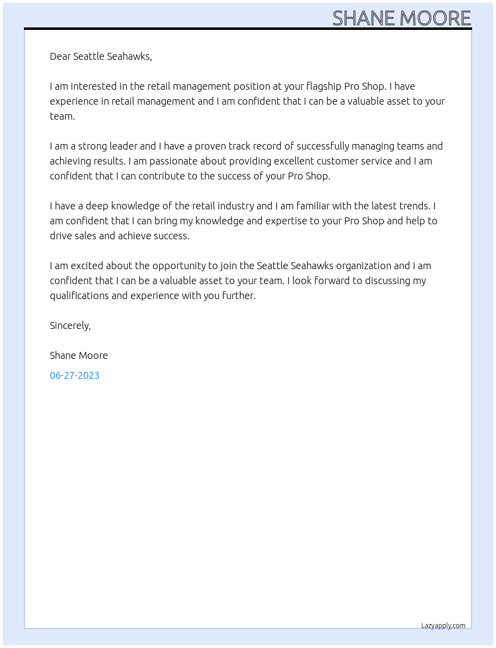 Retail management At Seattle Seahawks Flagship Pro Shop Cover Letter