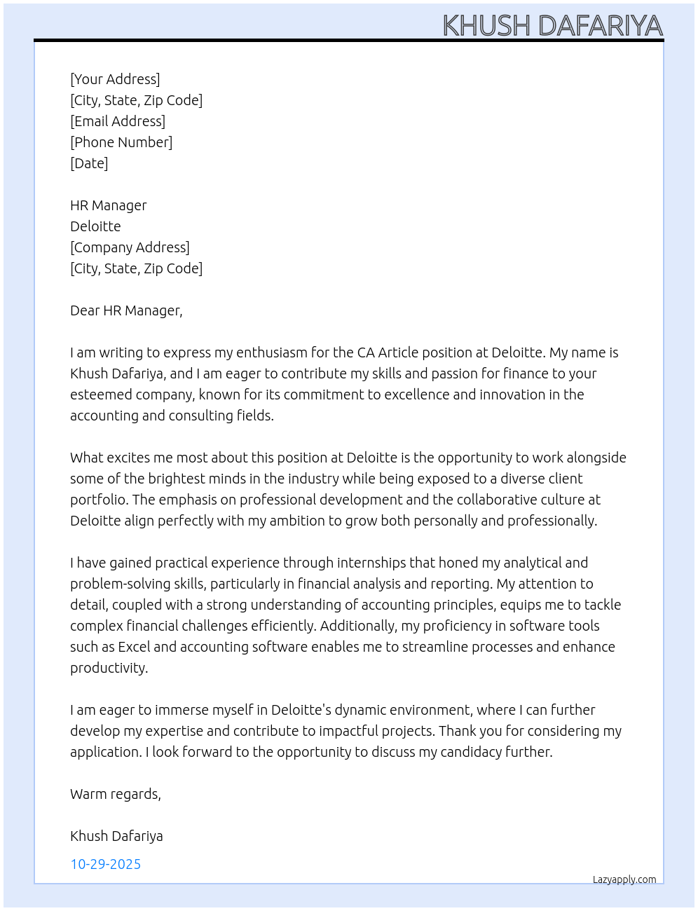 CA article At Deloitte Cover Letter