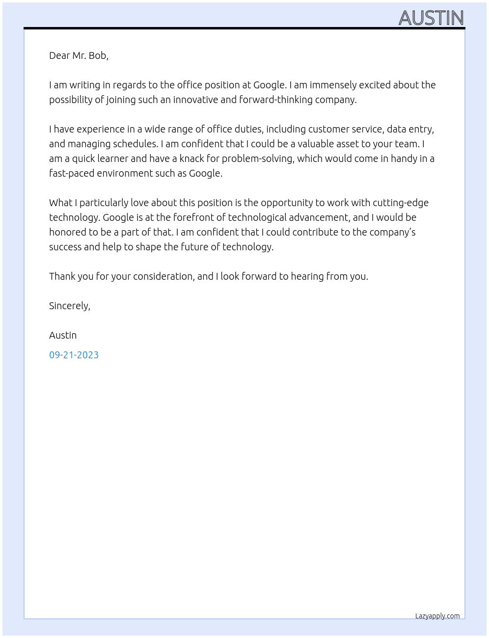 office At google Cover Letter