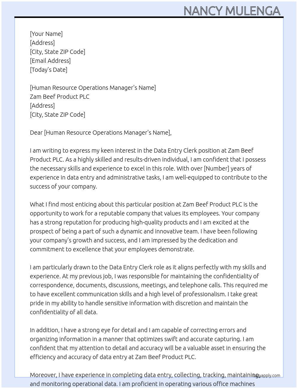 Data entry clerk At Zam beef product plc Cover Letter