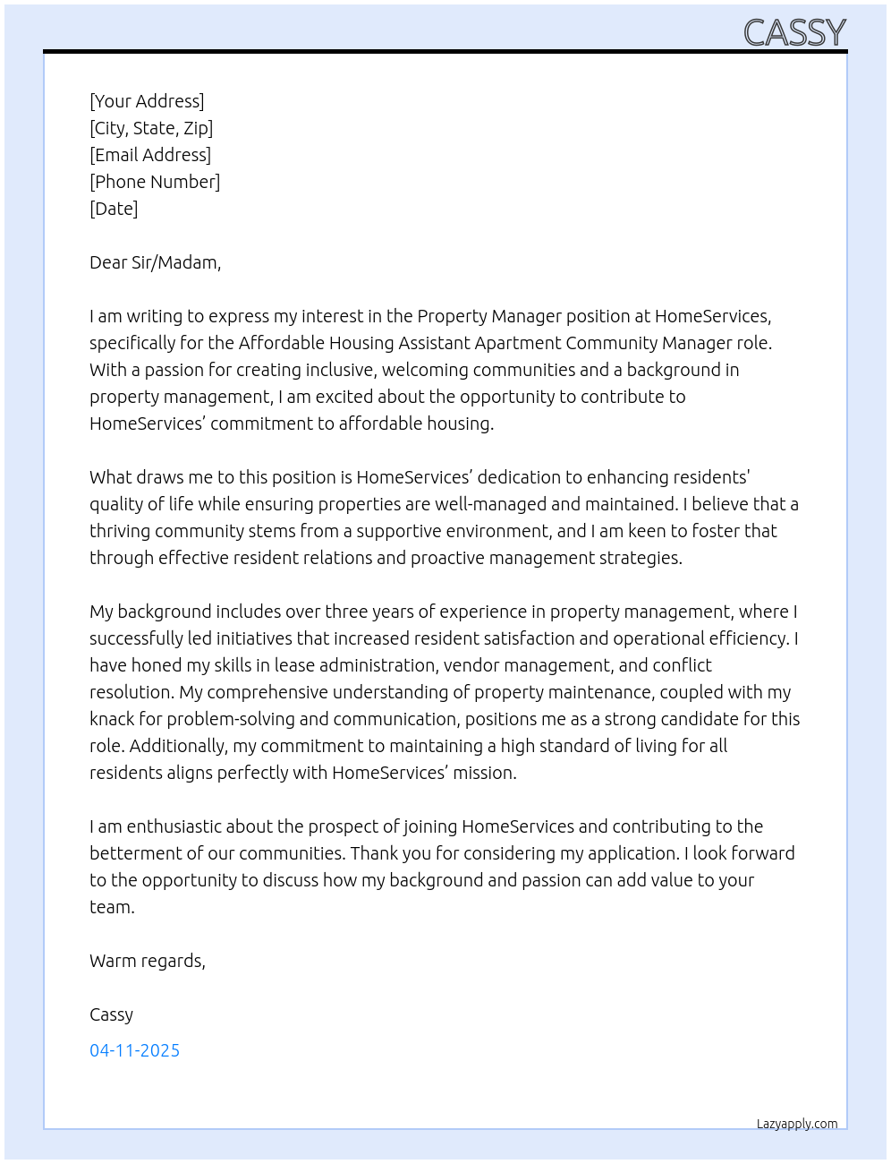 Property Manager At HomeServices Cover Letter