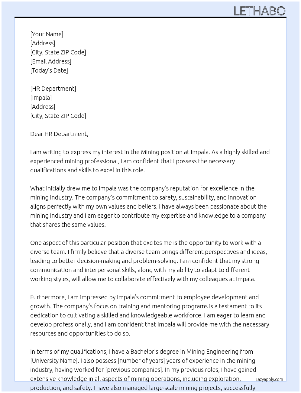 mining At impala Cover Letter