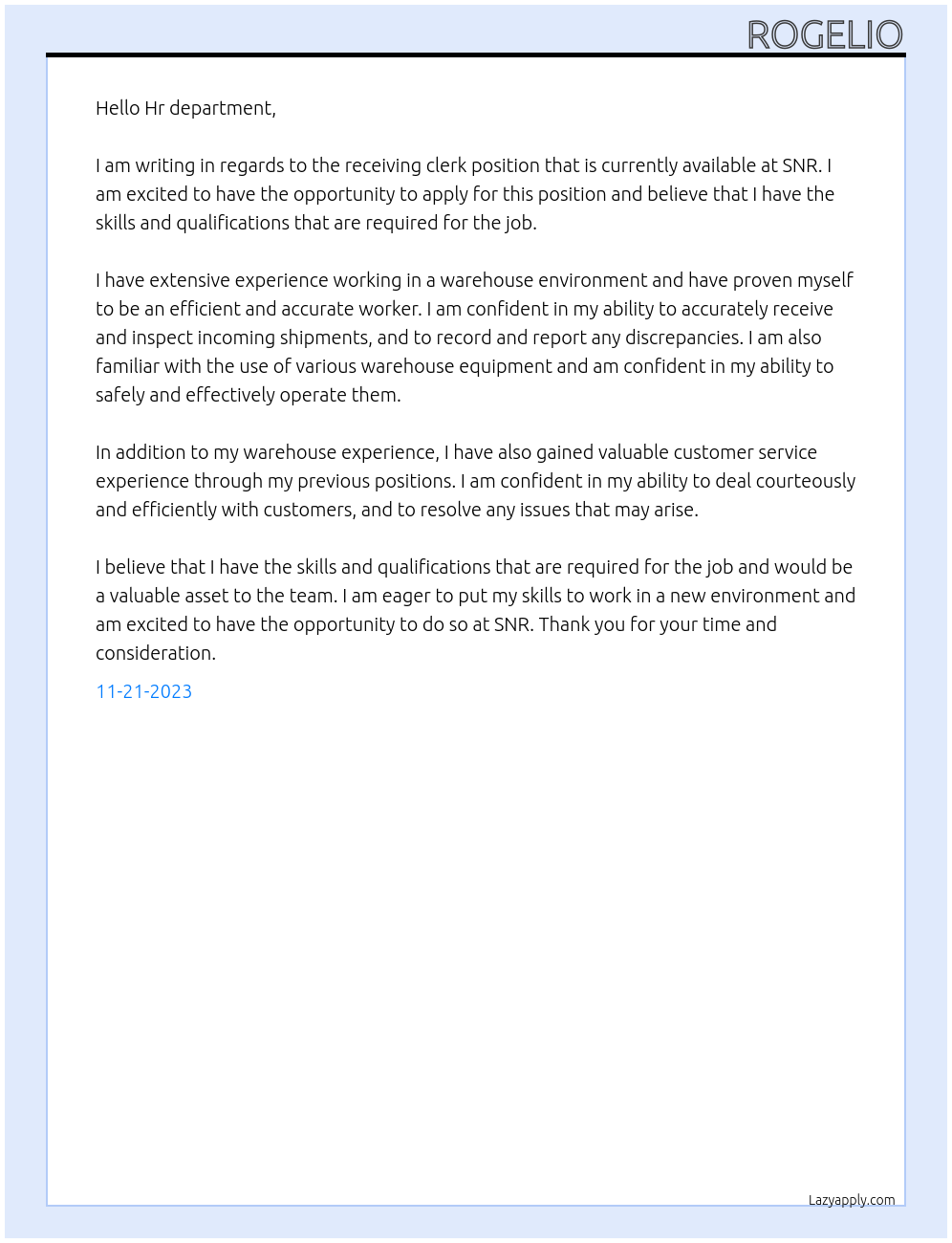 Receiving clerk At SNR Cover Letter