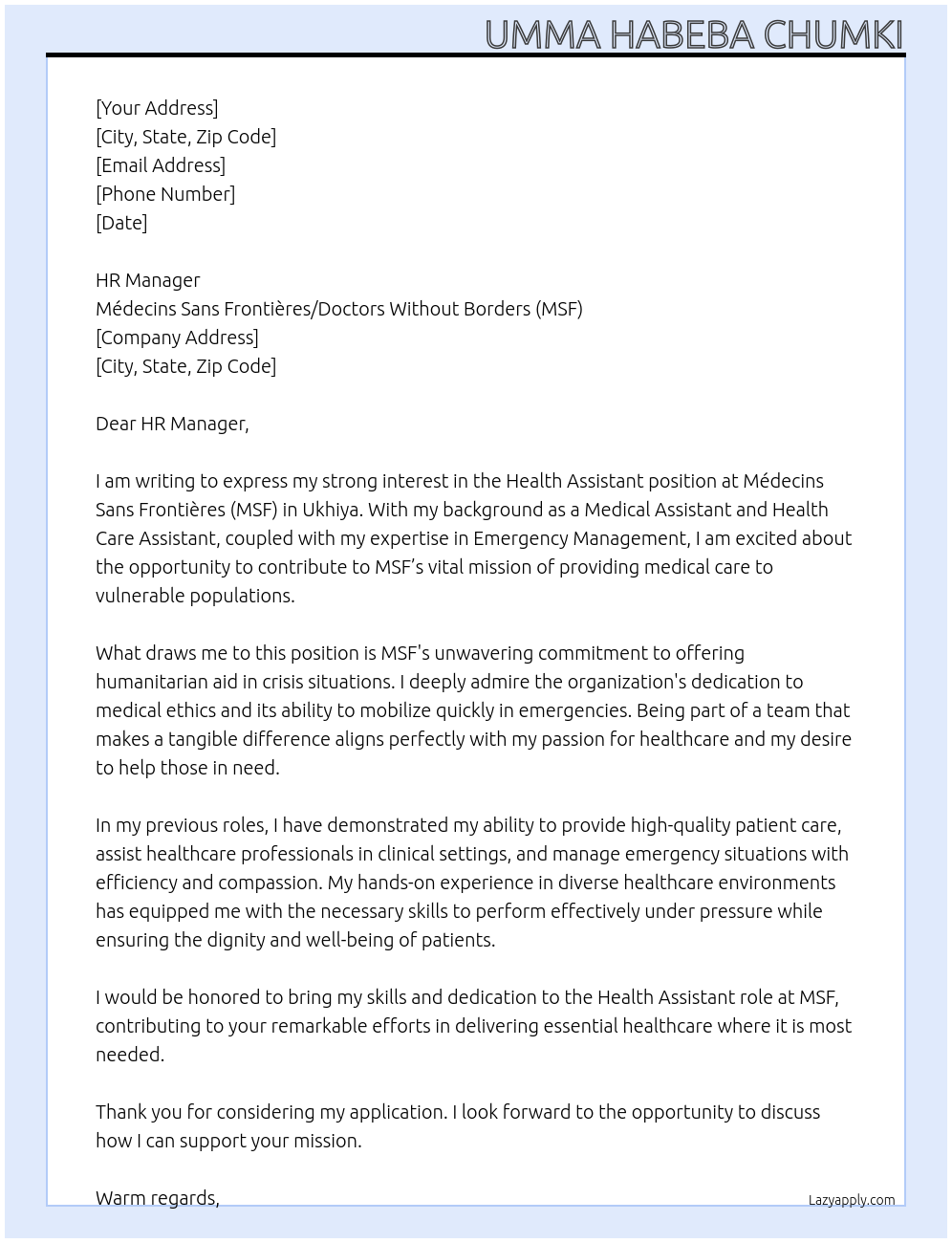 Cover letter for health assistant - LazyApply